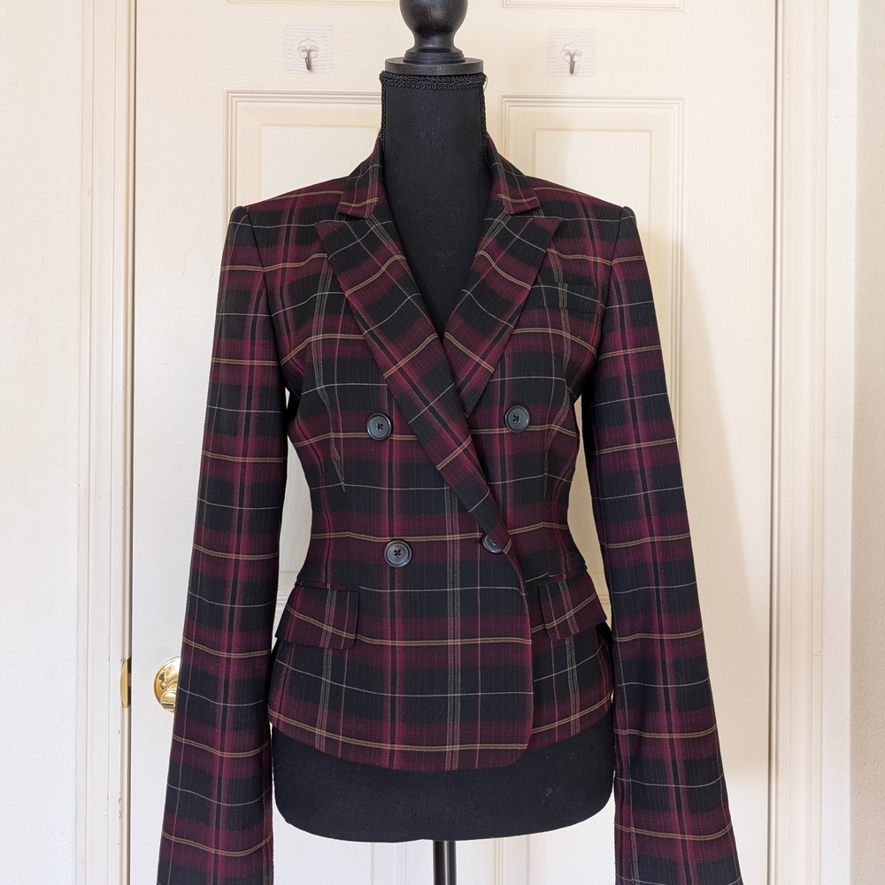 NWOT. Express Design Studio Black And Burgundy Red Plaid Double-Breasted Jacket